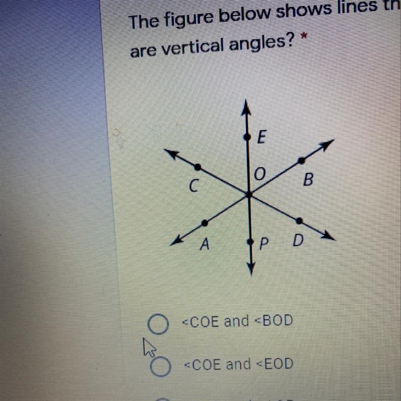 The figure below shows lines that intersect at point O. Which pair of angles 1 are-example-1