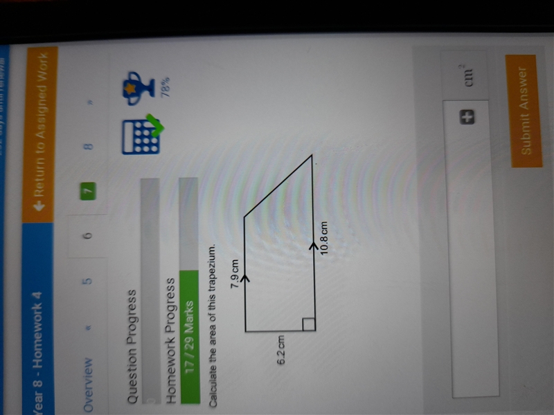 Calculate the area of this trapezium. 7.9cm , 6.2cm and 10.8cm-example-1