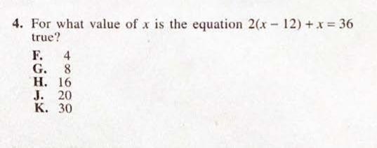 For what of x is the equation 2(x - 12) + x = 36?-example-1