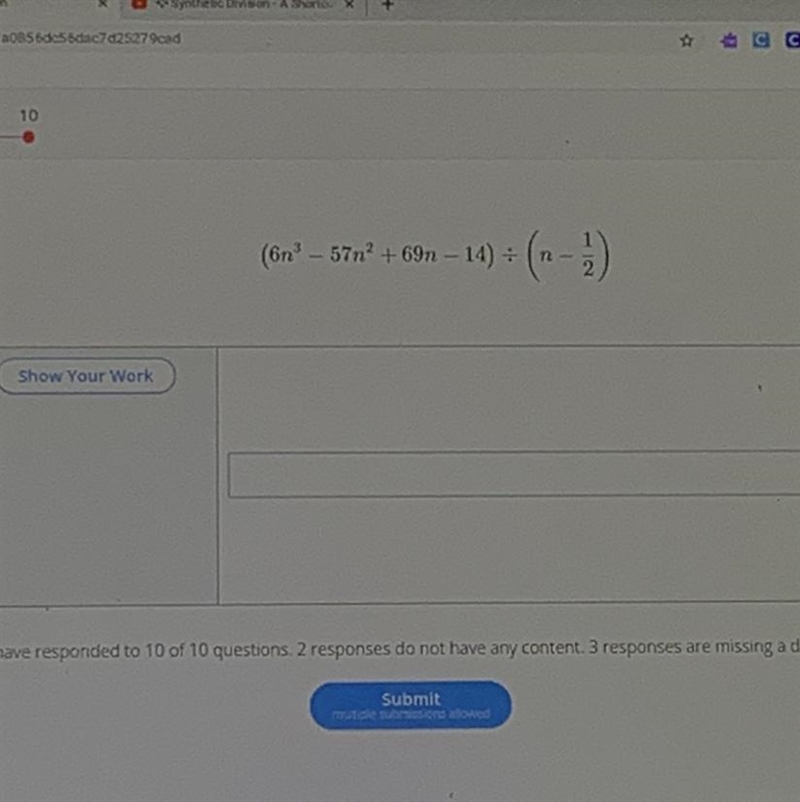 Synthetic Division (6n^3 - 57n^2 + 69n - 14) ÷ (n - 1/2)-example-1