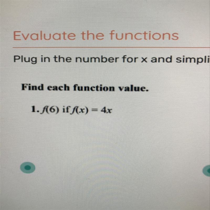 Find each function value. 1. f(6) if f(x) = 4x I’m not sure how to find the value-example-1