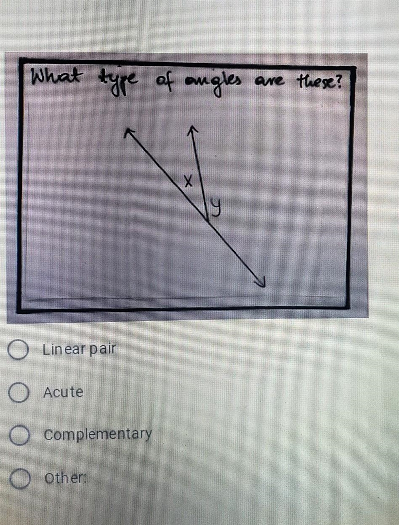 What type of angles eve these? Linear pair Acute Complementary Other: ​-example-1