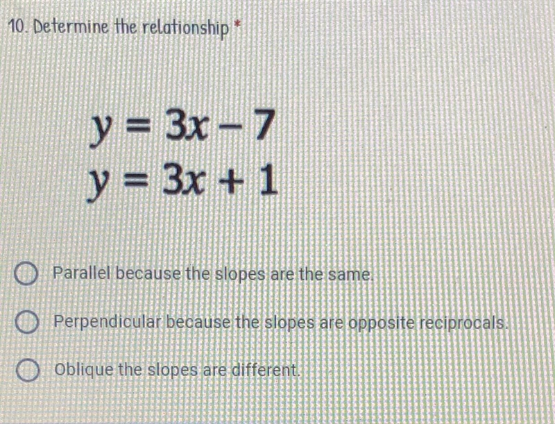 Determine the relationship A. Parallel because the slopes are the same B. Perpendicular-example-1