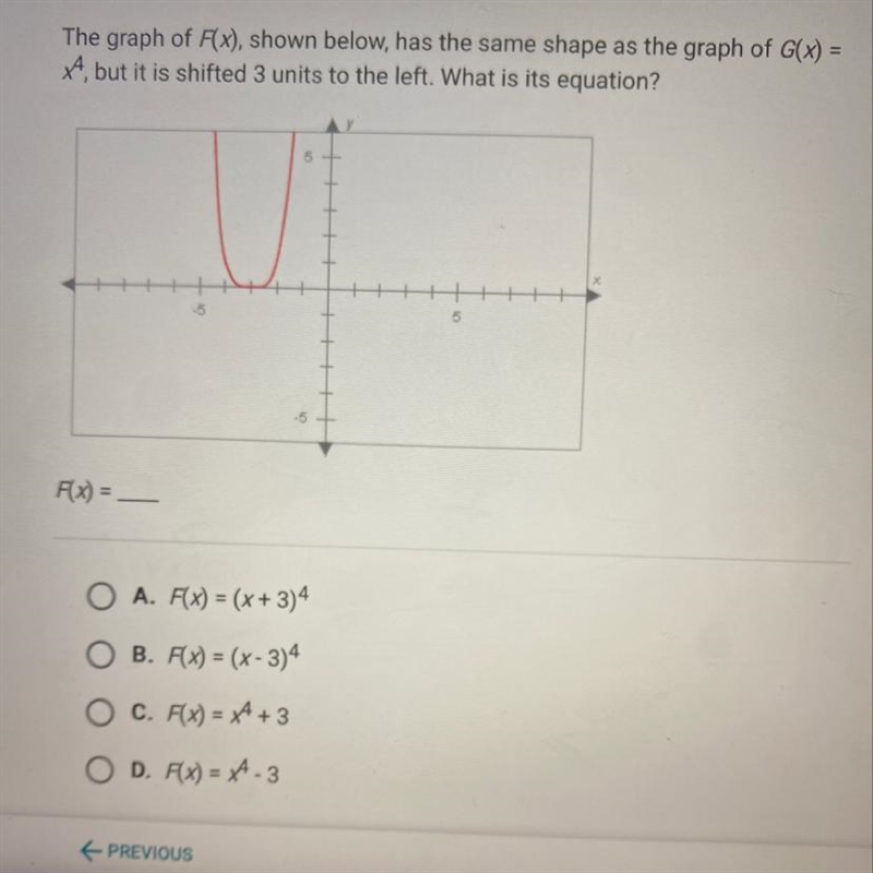 The graph of F(x), shown below, has the same shape as the graph of G(x)=x^4, but it-example-1