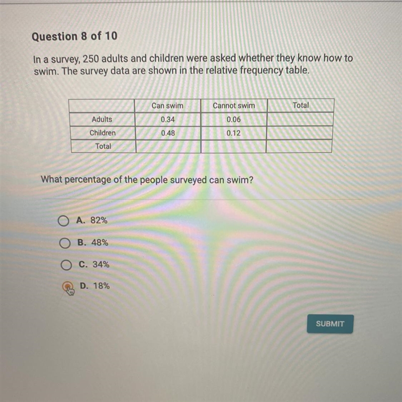 PLEASE HELP!!! In a survey, 250 adults and children were asked whether they know how-example-1