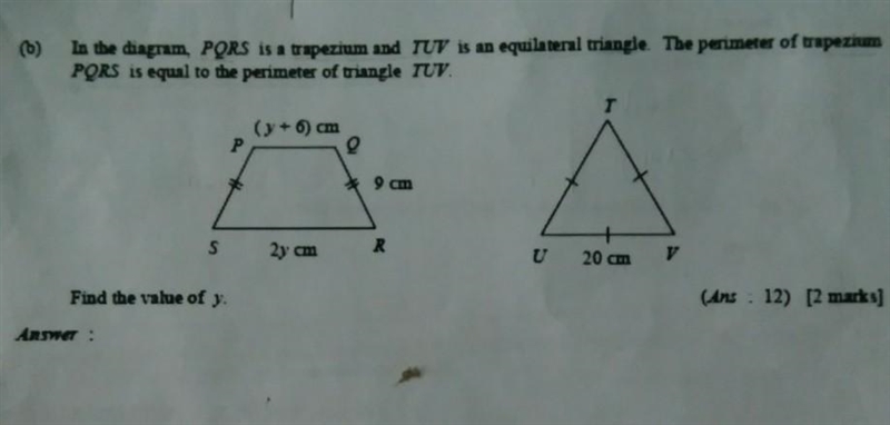 In the diagram, PQRS is a trapezium and TUV is an equilateral triangle. The perimeter-example-1