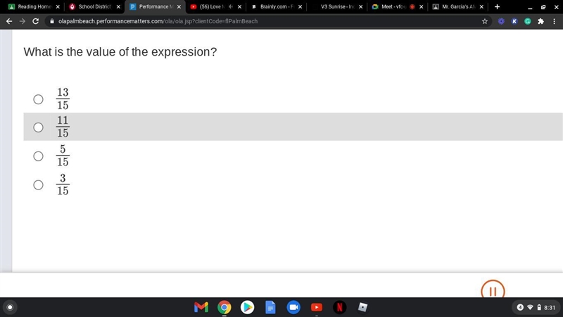 An expression is shown. 2/3+1/5 What is the value of the expression?-example-1