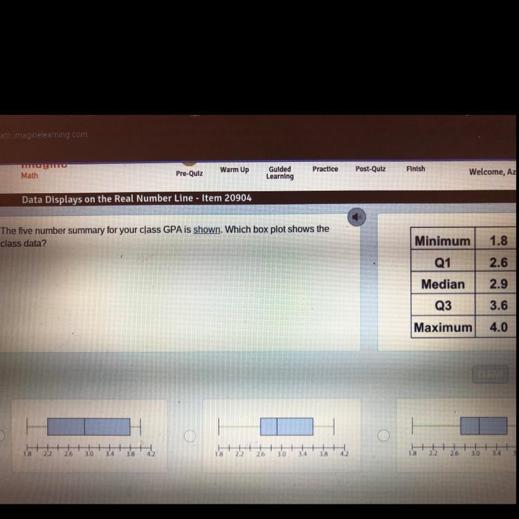 The five number summary for your class GPA is shown. Which box plot shows the class-example-1