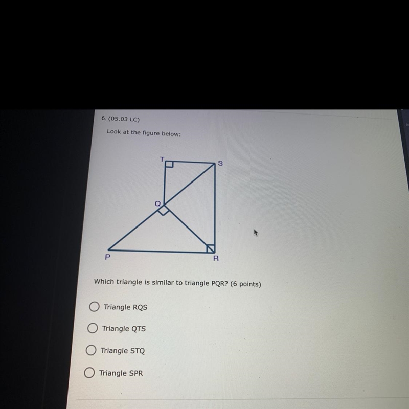 PLEASE OMG PLEASE OMG Look at the figure below Which triangle is similar to triangle-example-1