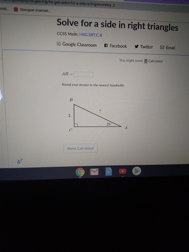 Solve for side in right triangle-example-1