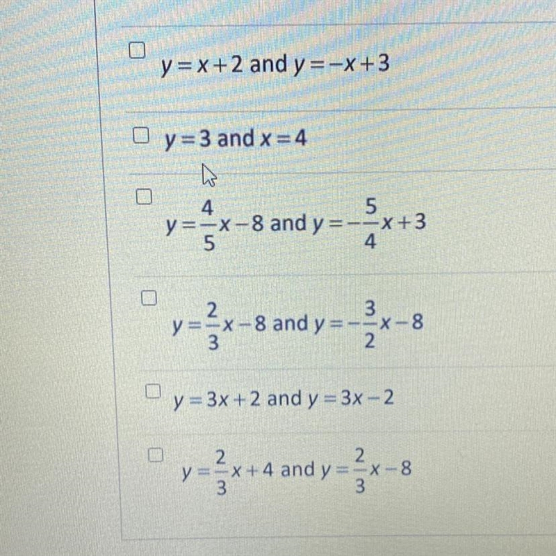 Which of the following pairs of lines are perpendicular? Select all that apply.-example-1