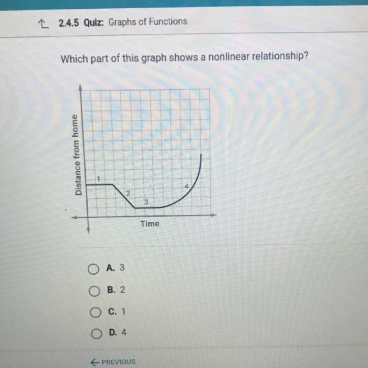 Which part of this graph shows a nonlinear relationship? Distance from home 2. Time-example-1