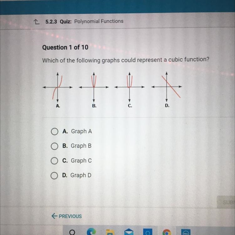 Which of the following graphs could represent a cubic function? +++ B. C. D. A. Graph-example-1