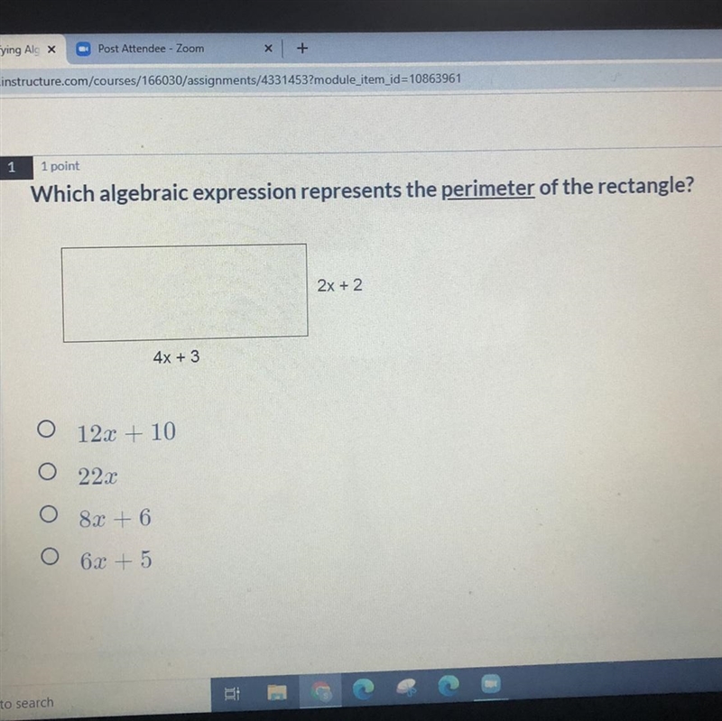 Which algebraic expression represents the perimeter of the rectangle? 2x + 2 4x + 3-example-1