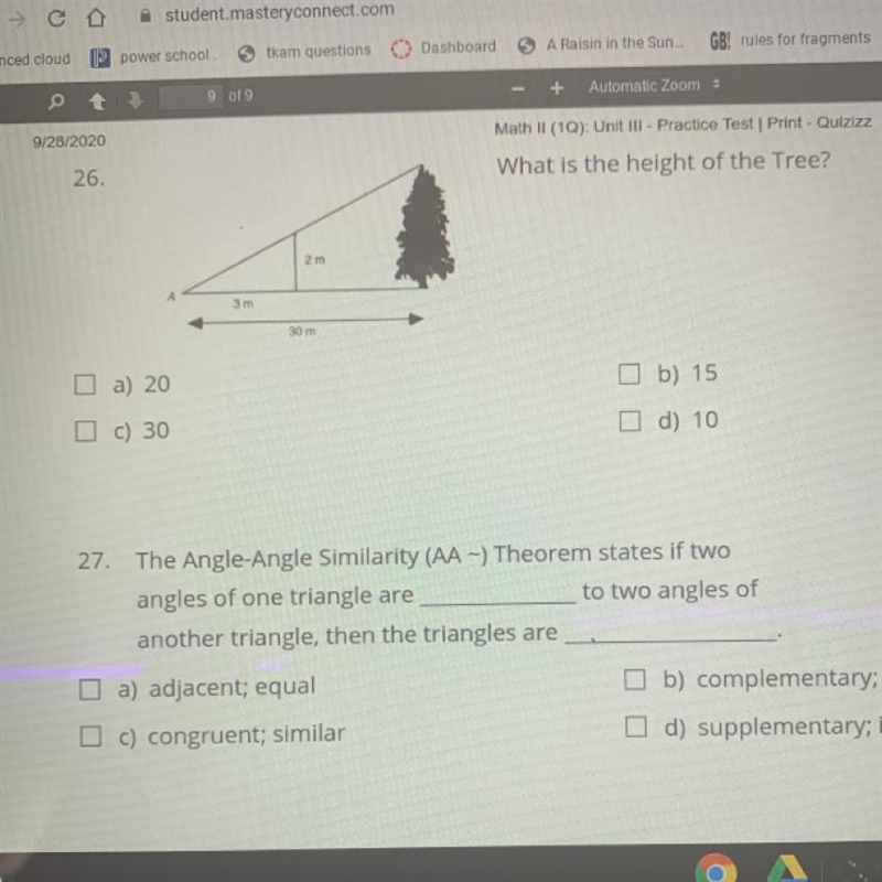 26. What is the height of the Tree? a) 20 b) 15 c) 30 d) 10-example-1