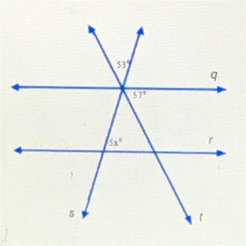 Lines q and r are parallel What is the value of x? A.14 B. 22 C. 53 D. 70-example-1