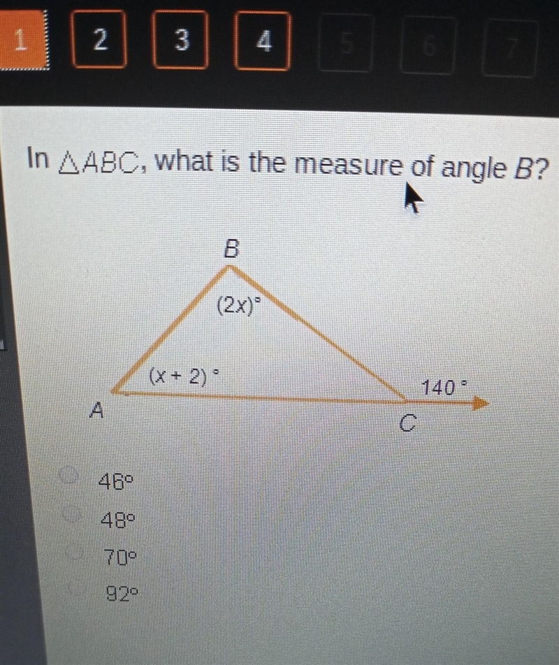 In ∆ ABC, what is the measure of angle B? A. 46° B. 48° C. 70° D. 92°​-example-1