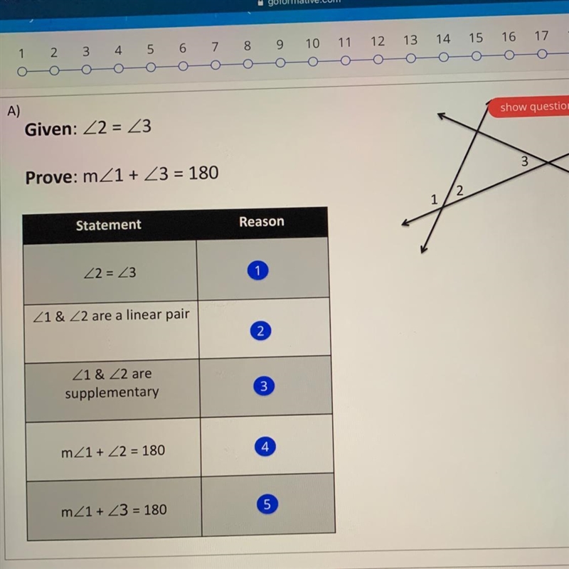 Given:<2=<3 Prove: m<1+<3=180-example-1