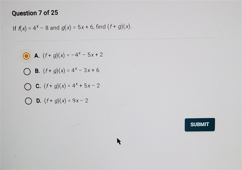 If f(x)=4^x-8 and g(x) =5x+6, find (f+g)(x)-example-1