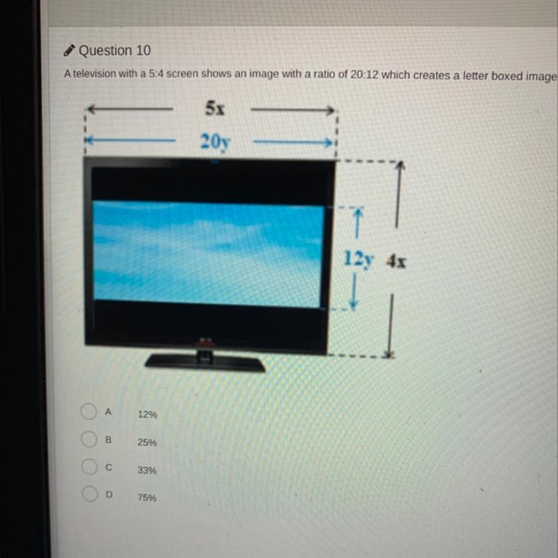 A television with a 5:4 screen shows an image with a ratio of 20:12 which creates-example-1