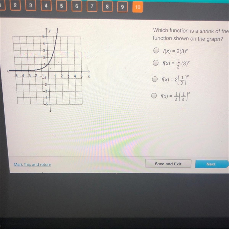 Which function is a shrink of the exponential growth function shown on the graph?-example-1