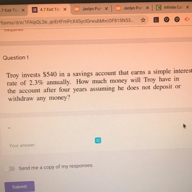 Troy invests $540 in a savings account that earns a simple interest rate of 2.3% annually-example-1