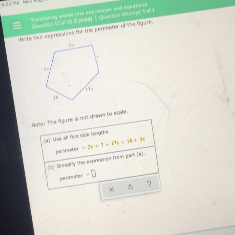 Write two expressions for the perimeter of the figure. 2x 7 3x 172 16 Note: The figure-example-1