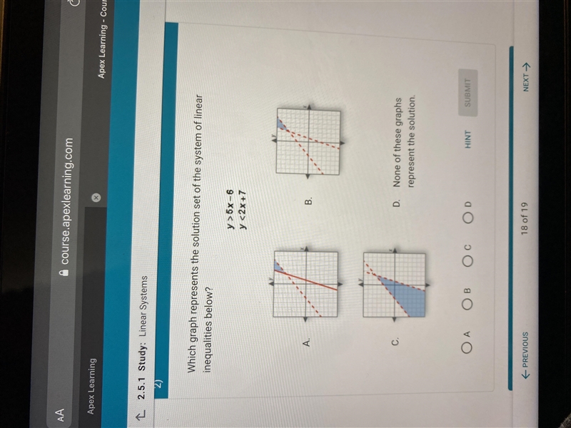 Which graph represents the solution set of the system of linear inequalities below-example-1