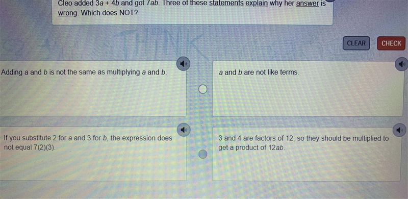 Cleo added 3a+4b and got 7ab. Three of these statements explain why her answer is-example-1