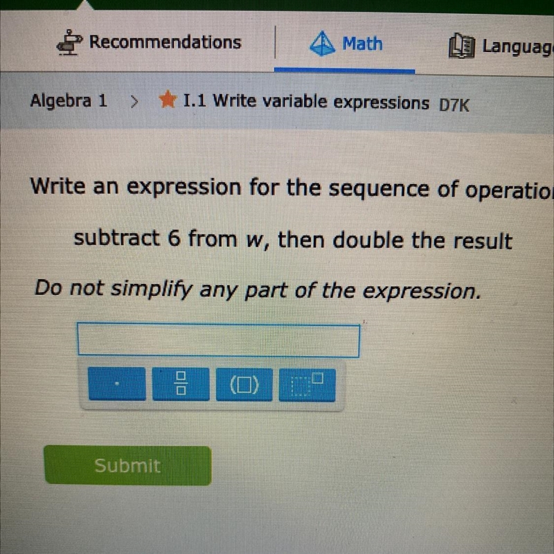 PLEASE HELP subtract 6 from w, then double the result-example-1