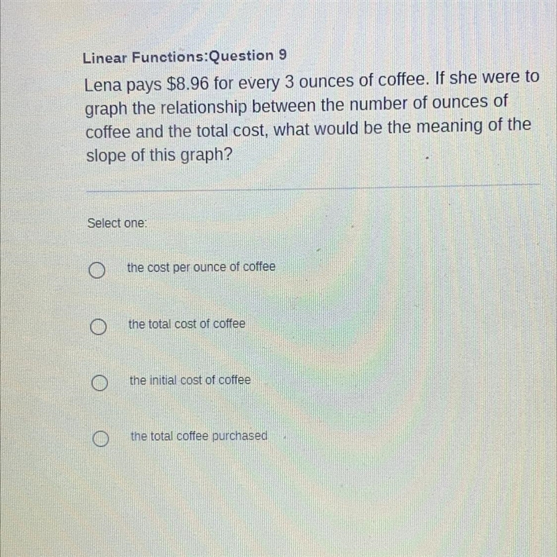 Lena pays $8.96 for every 3 ounces of coffee. If she were to graph the relationship-example-1