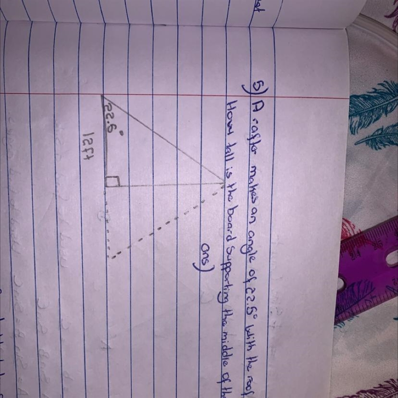 A rafter makes an angle of 22.5° with the roof joist, as shown How tall is the board-example-1