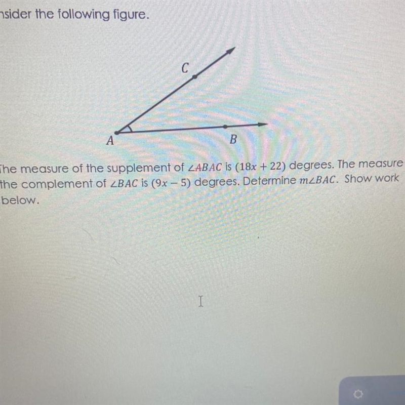 The measure of the supplement of ABAC IS (18x + 22) degrees. The measure of the complement-example-1