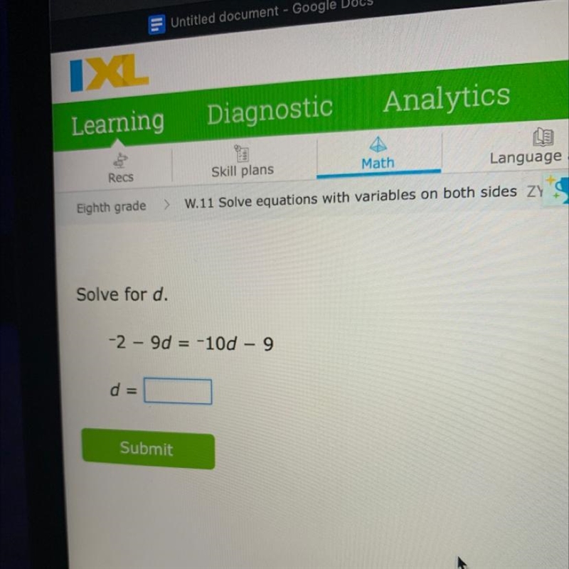 Solve for d. -2 – 9d = -10d - 9-example-1