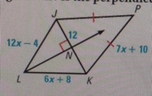 Ray LN is the perpendicular bisector of segment JK. 15) Find KP. 16) Find JP. Solve-example-1