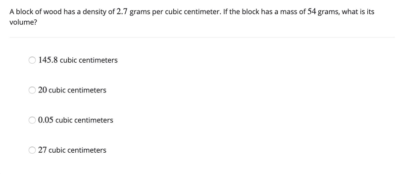 Unit 5. 6) Please help. A block of wood has a density of 2.7 grams per cubic centimeter-example-1