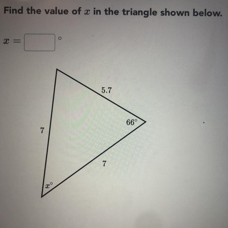 Find the value of x in the triangle shown below.-example-1