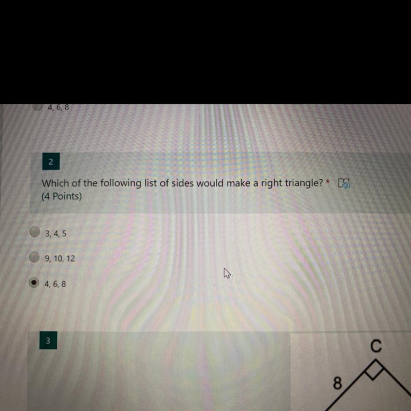 Which of the following list of sides would make a right triangle?-example-1