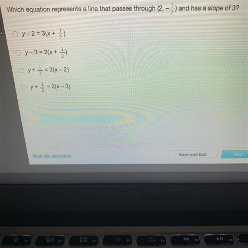 Which equation represents a line that passes through (2, -1/2) and has a slope of-example-1