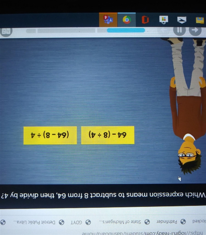 Which expression means to subtract 8 from 64 then divide by 4​-example-1