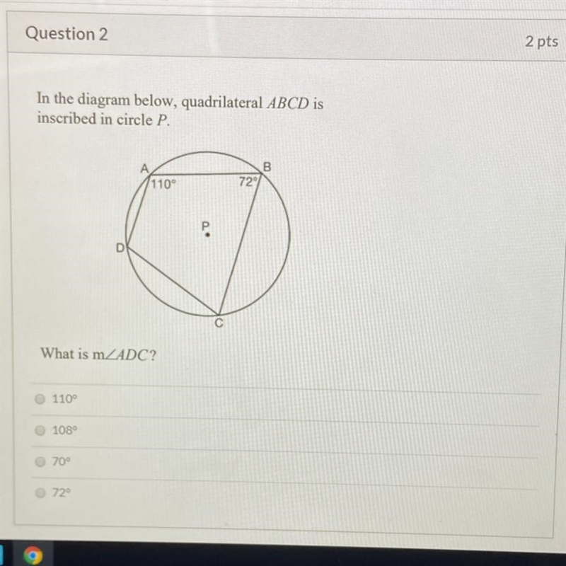 In the diagram below, quadrilateral ABCD is inscribed in a circle. What is the measure-example-1