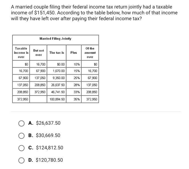 A married couple filing their income tax jointly had a taxable income of $151,450 ANSWER-example-1