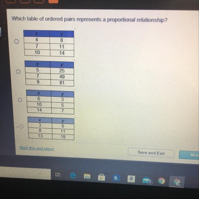 Which table of ordered pairs represents a proportional relationship? c.3 4 7 10 8 11 14 X-example-1