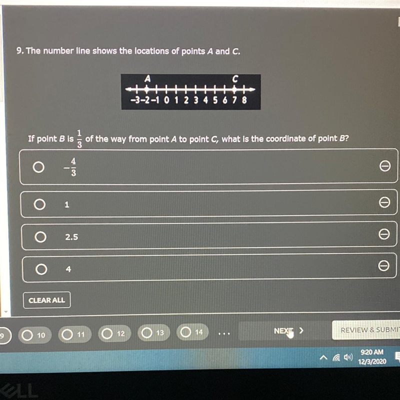 The number line shows the locations of points A and C. If point B is 1/3 of the way-example-1