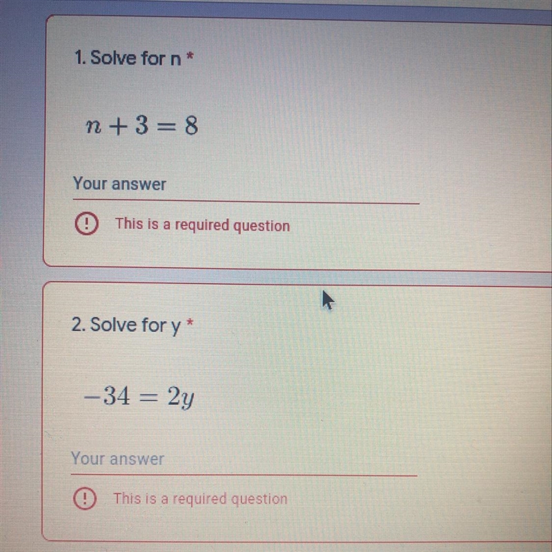 Solve for n n+3=8 Solve for y -34=2y-example-1