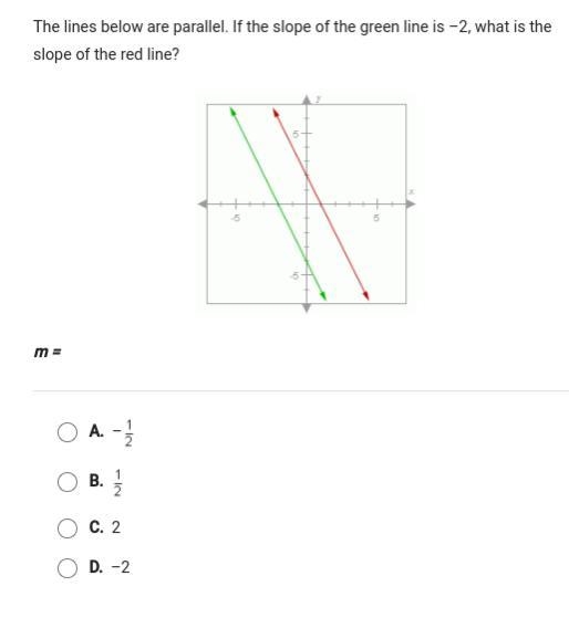 The lines below are parallel if the slope of the green line is -2 what is the slope-example-1