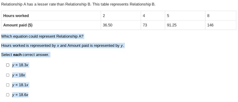 Which equation could represent Relationship A? Hours worked is represented by x and-example-1