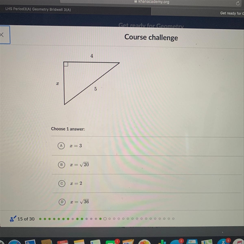 Find the value of x in the triangle shown below. 4 5 Choose 1 answer-example-1