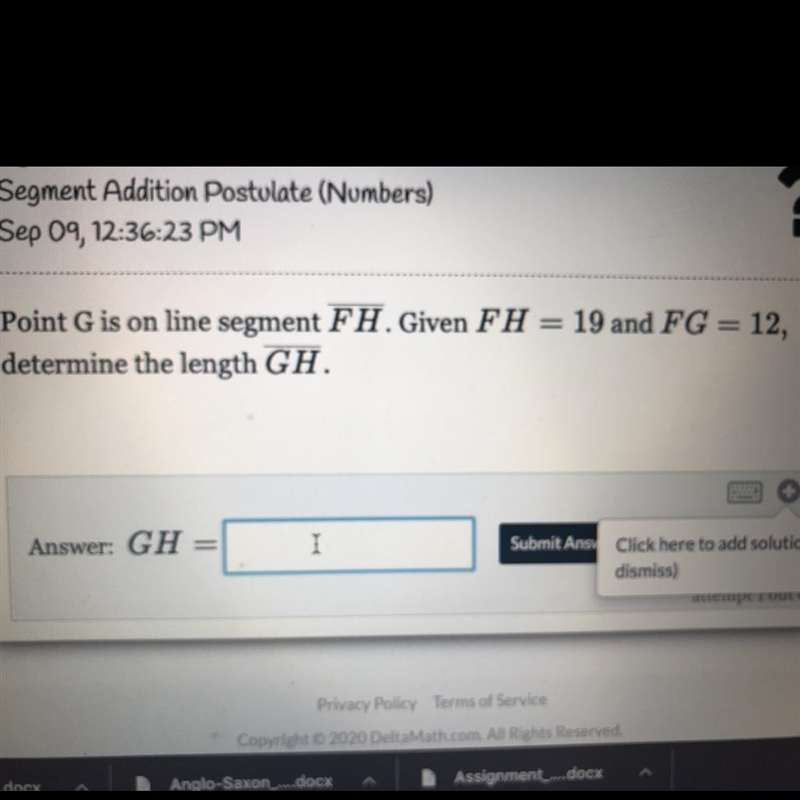 Point G is on line segment FH. Given FH = 19 and FG = 12, determine the length GH-example-1