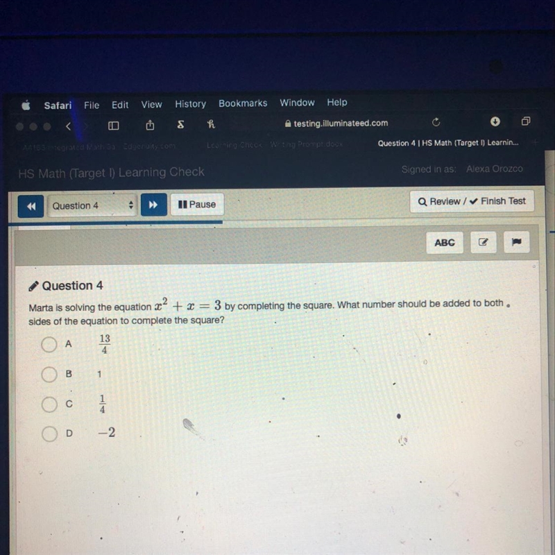 Marta is solving the equation x2+x=3 by completing the square what number should be-example-1